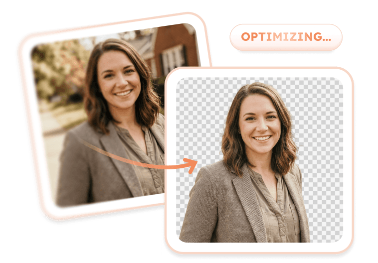 Demonstration of automatic image optimization and background removal for realtor headshots and real estate listing photos